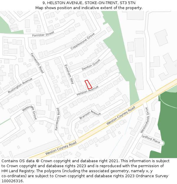 9, HELSTON AVENUE, STOKE-ON-TRENT, ST3 5TN: Location map and indicative extent of plot