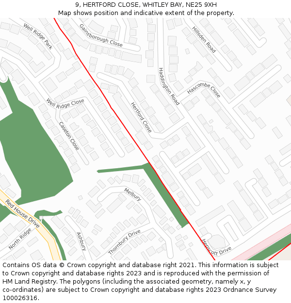 9, HERTFORD CLOSE, WHITLEY BAY, NE25 9XH: Location map and indicative extent of plot