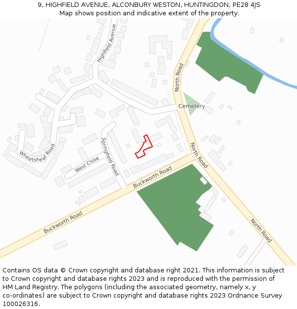 9, HIGHFIELD AVENUE, ALCONBURY WESTON, HUNTINGDON, PE28 4JS: Location map and indicative extent of plot