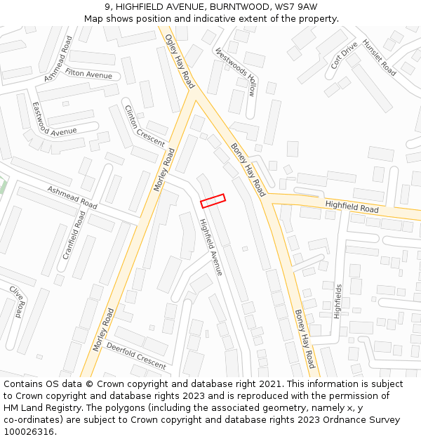 9, HIGHFIELD AVENUE, BURNTWOOD, WS7 9AW: Location map and indicative extent of plot