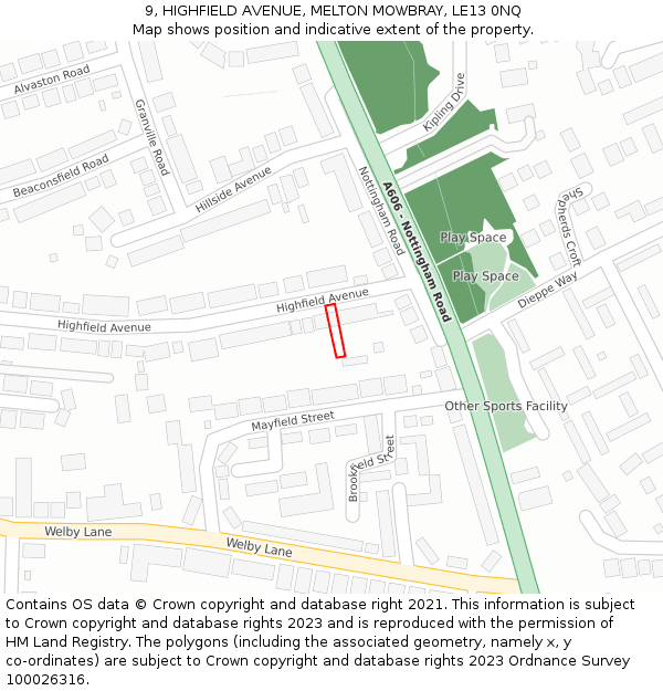 9, HIGHFIELD AVENUE, MELTON MOWBRAY, LE13 0NQ: Location map and indicative extent of plot