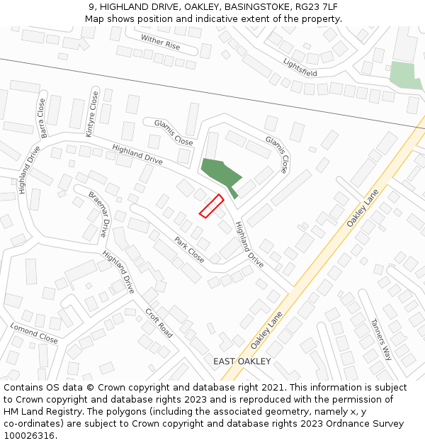 9, HIGHLAND DRIVE, OAKLEY, BASINGSTOKE, RG23 7LF: Location map and indicative extent of plot