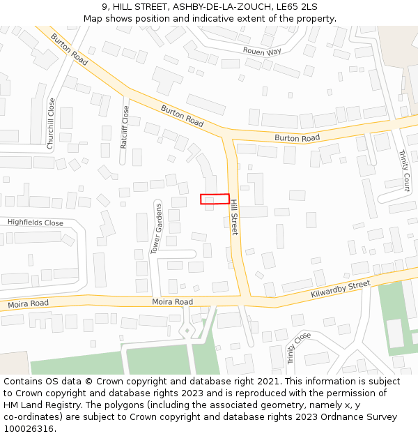 9, HILL STREET, ASHBY-DE-LA-ZOUCH, LE65 2LS: Location map and indicative extent of plot