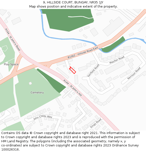 9, HILLSIDE COURT, BUNGAY, NR35 1JY: Location map and indicative extent of plot