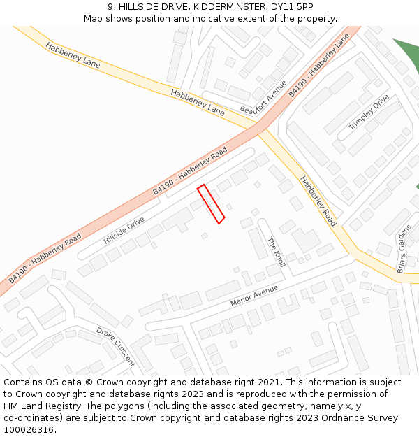 9, HILLSIDE DRIVE, KIDDERMINSTER, DY11 5PP: Location map and indicative extent of plot