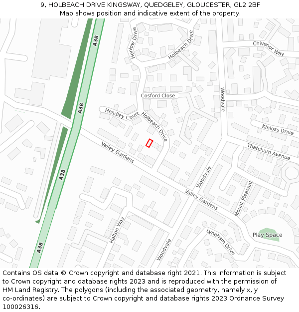 9, HOLBEACH DRIVE KINGSWAY, QUEDGELEY, GLOUCESTER, GL2 2BF: Location map and indicative extent of plot