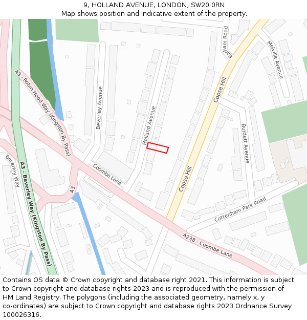 9, HOLLAND AVENUE, LONDON, SW20 0RN: Location map and indicative extent of plot
