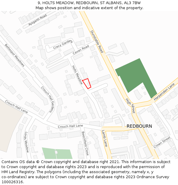 9, HOLTS MEADOW, REDBOURN, ST ALBANS, AL3 7BW: Location map and indicative extent of plot