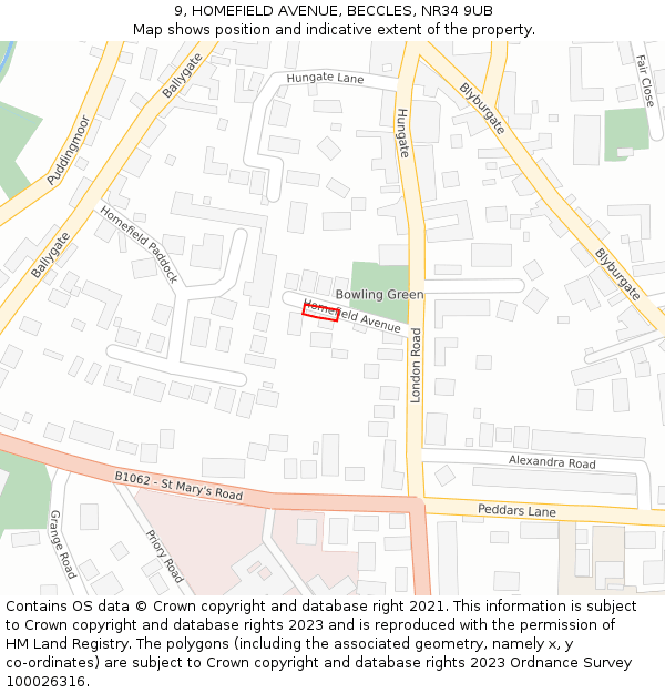 9, HOMEFIELD AVENUE, BECCLES, NR34 9UB: Location map and indicative extent of plot