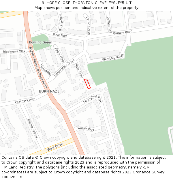 9, HOPE CLOSE, THORNTON-CLEVELEYS, FY5 4LT: Location map and indicative extent of plot