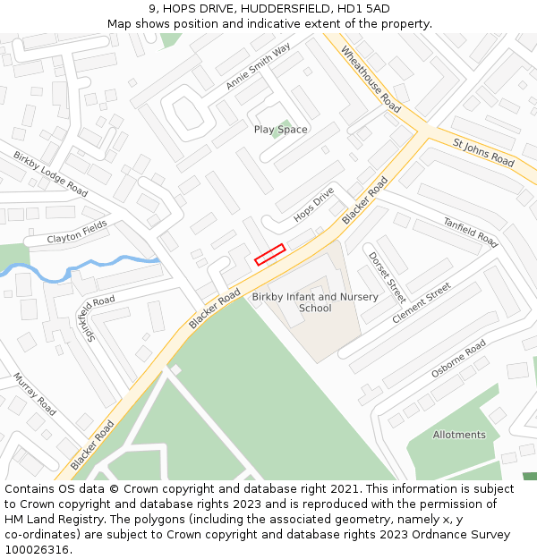 9, HOPS DRIVE, HUDDERSFIELD, HD1 5AD: Location map and indicative extent of plot