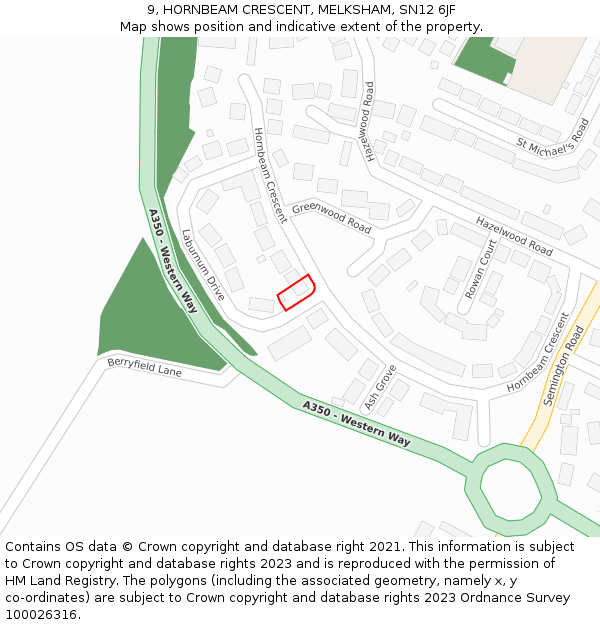 9, HORNBEAM CRESCENT, MELKSHAM, SN12 6JF: Location map and indicative extent of plot
