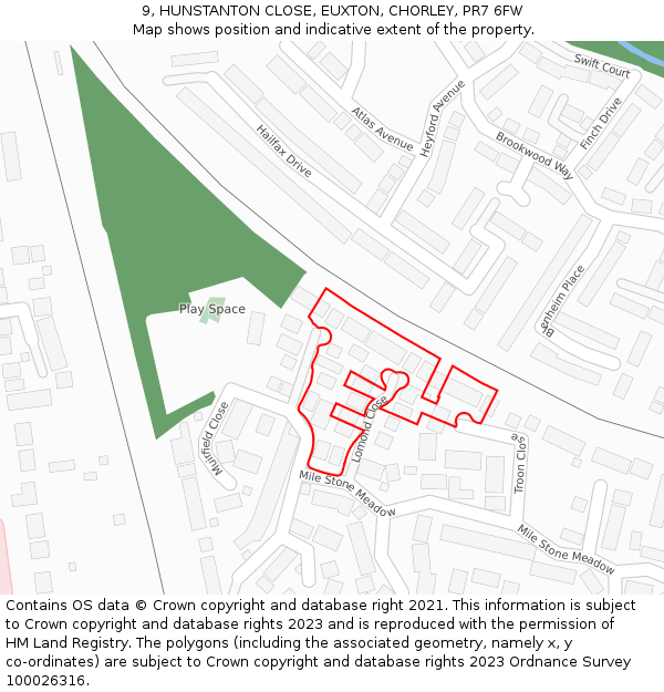 9, HUNSTANTON CLOSE, EUXTON, CHORLEY, PR7 6FW: Location map and indicative extent of plot