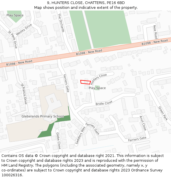 9, HUNTERS CLOSE, CHATTERIS, PE16 6BD: Location map and indicative extent of plot