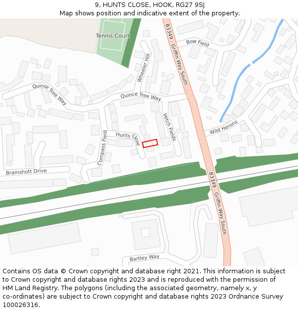 9, HUNTS CLOSE, HOOK, RG27 9SJ: Location map and indicative extent of plot