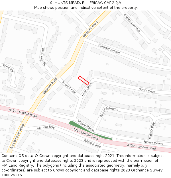 9, HUNTS MEAD, BILLERICAY, CM12 9JA: Location map and indicative extent of plot