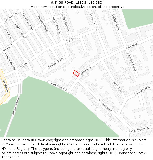 9, INGS ROAD, LEEDS, LS9 9BD: Location map and indicative extent of plot
