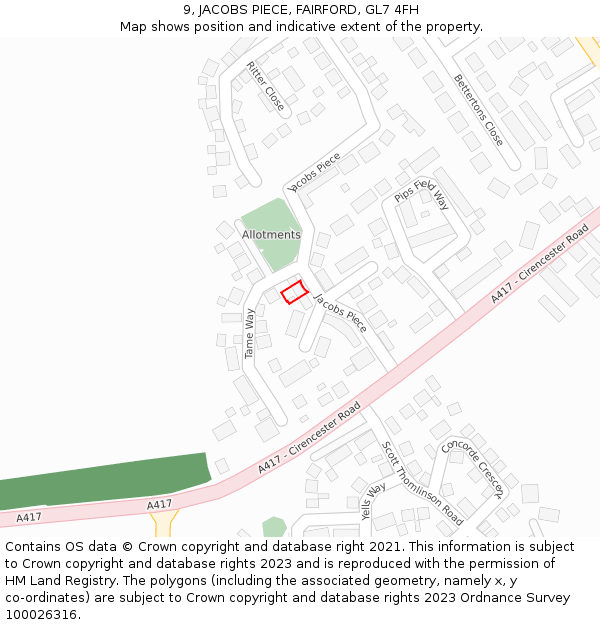 9, JACOBS PIECE, FAIRFORD, GL7 4FH: Location map and indicative extent of plot