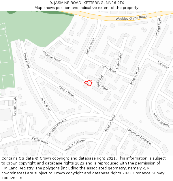 9, JASMINE ROAD, KETTERING, NN16 9TX: Location map and indicative extent of plot