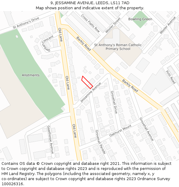 9, JESSAMINE AVENUE, LEEDS, LS11 7AD: Location map and indicative extent of plot