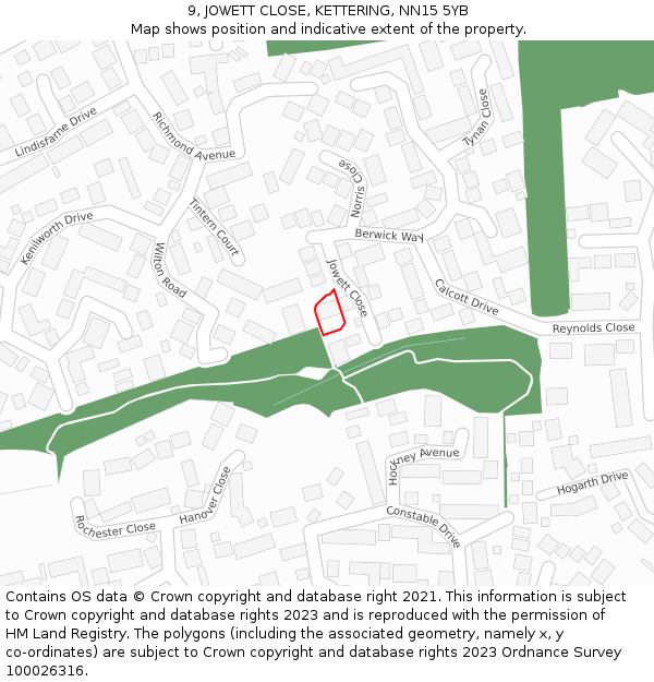 9, JOWETT CLOSE, KETTERING, NN15 5YB: Location map and indicative extent of plot