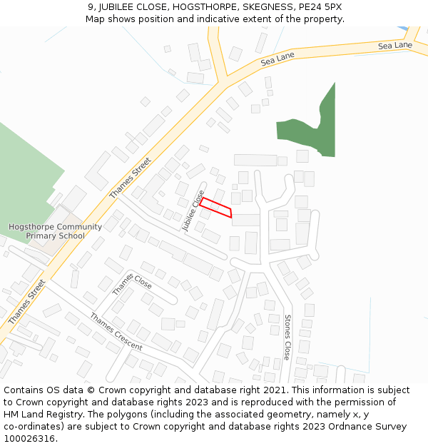 9, JUBILEE CLOSE, HOGSTHORPE, SKEGNESS, PE24 5PX: Location map and indicative extent of plot