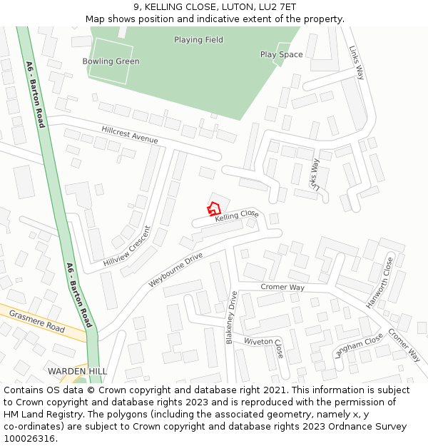 9, KELLING CLOSE, LUTON, LU2 7ET: Location map and indicative extent of plot