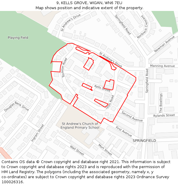 9, KELLS GROVE, WIGAN, WN6 7EU: Location map and indicative extent of plot