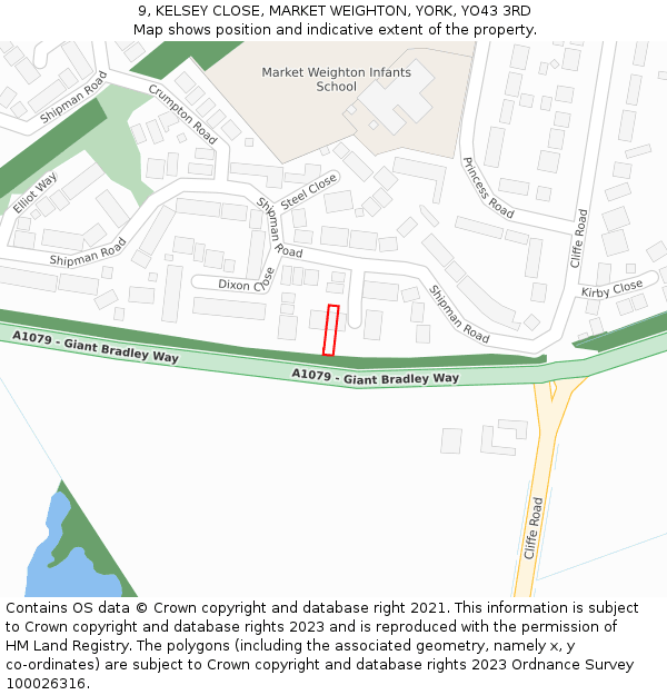 9, KELSEY CLOSE, MARKET WEIGHTON, YORK, YO43 3RD: Location map and indicative extent of plot
