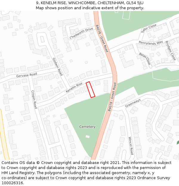9, KENELM RISE, WINCHCOMBE, CHELTENHAM, GL54 5JU: Location map and indicative extent of plot