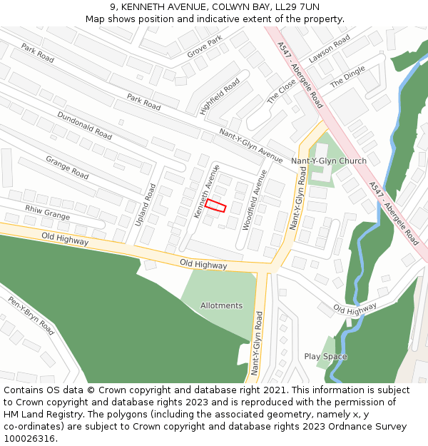 9, KENNETH AVENUE, COLWYN BAY, LL29 7UN: Location map and indicative extent of plot