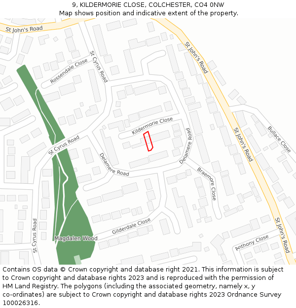 9, KILDERMORIE CLOSE, COLCHESTER, CO4 0NW: Location map and indicative extent of plot
