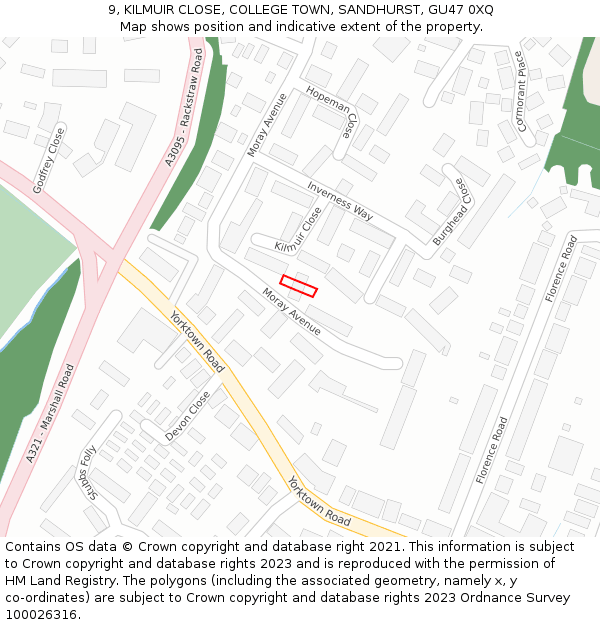9, KILMUIR CLOSE, COLLEGE TOWN, SANDHURST, GU47 0XQ: Location map and indicative extent of plot