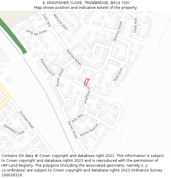 9, KINGFISHER CLOSE, TROWBRIDGE, BA14 7GH: Location map and indicative extent of plot