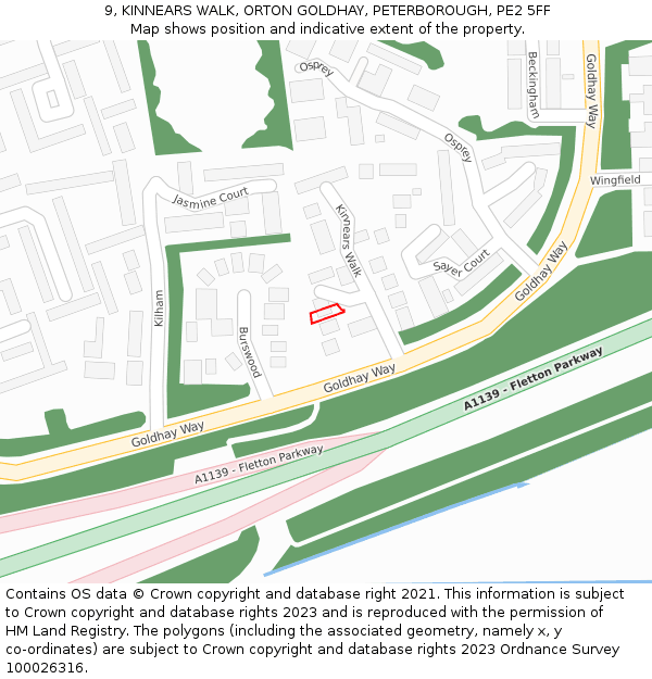 9, KINNEARS WALK, ORTON GOLDHAY, PETERBOROUGH, PE2 5FF: Location map and indicative extent of plot