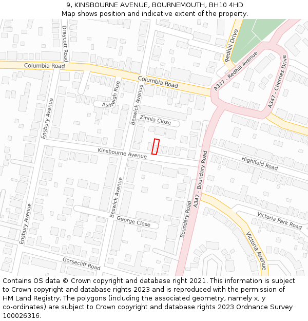 9, KINSBOURNE AVENUE, BOURNEMOUTH, BH10 4HD: Location map and indicative extent of plot