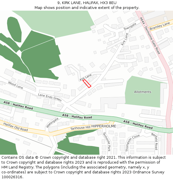 9, KIRK LANE, HALIFAX, HX3 8EU: Location map and indicative extent of plot
