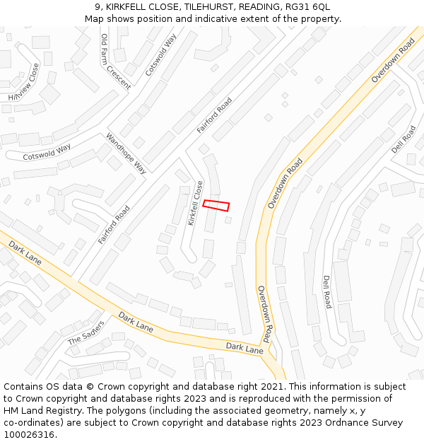 9, KIRKFELL CLOSE, TILEHURST, READING, RG31 6QL: Location map and indicative extent of plot