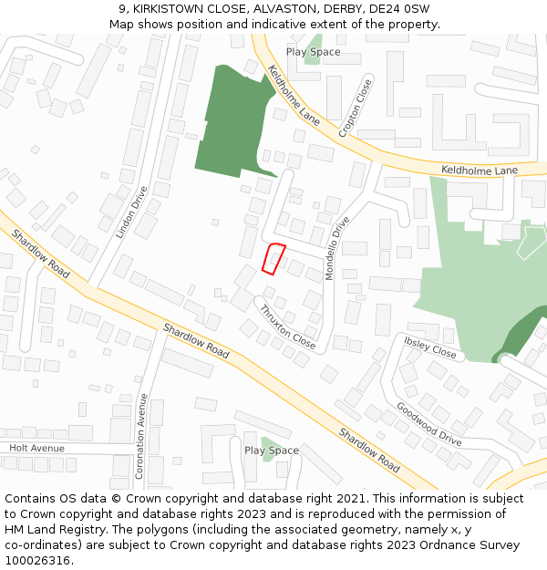 9, KIRKISTOWN CLOSE, ALVASTON, DERBY, DE24 0SW: Location map and indicative extent of plot
