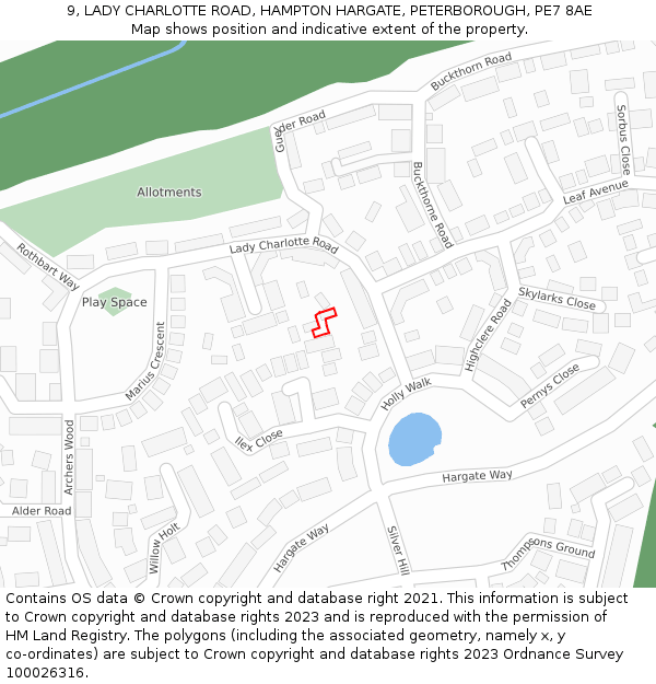 9, LADY CHARLOTTE ROAD, HAMPTON HARGATE, PETERBOROUGH, PE7 8AE: Location map and indicative extent of plot