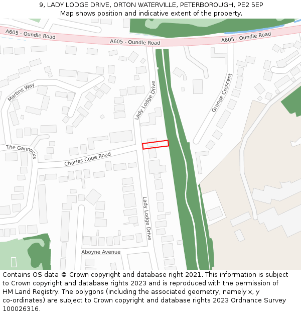 9, LADY LODGE DRIVE, ORTON WATERVILLE, PETERBOROUGH, PE2 5EP: Location map and indicative extent of plot