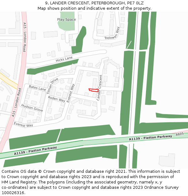 9, LANDER CRESCENT, PETERBOROUGH, PE7 0LZ: Location map and indicative extent of plot