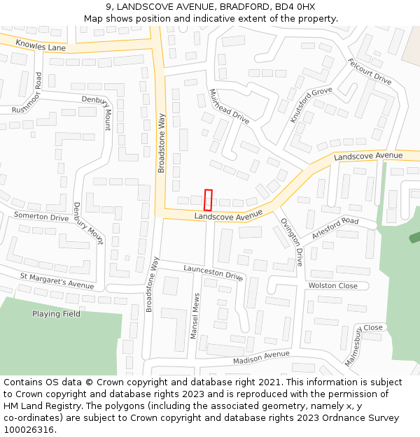 9, LANDSCOVE AVENUE, BRADFORD, BD4 0HX: Location map and indicative extent of plot