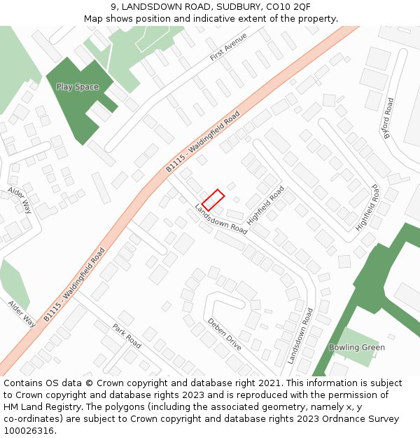 9, LANDSDOWN ROAD, SUDBURY, CO10 2QF: Location map and indicative extent of plot