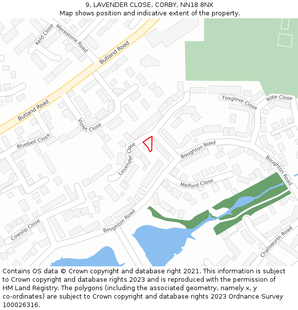 9, LAVENDER CLOSE, CORBY, NN18 8NX: Location map and indicative extent of plot