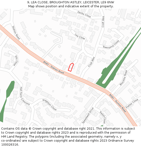 9, LEA CLOSE, BROUGHTON ASTLEY, LEICESTER, LE9 6NW: Location map and indicative extent of plot