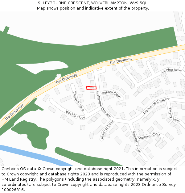 9, LEYBOURNE CRESCENT, WOLVERHAMPTON, WV9 5QL: Location map and indicative extent of plot