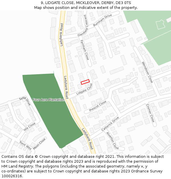 9, LIDGATE CLOSE, MICKLEOVER, DERBY, DE3 0TS: Location map and indicative extent of plot