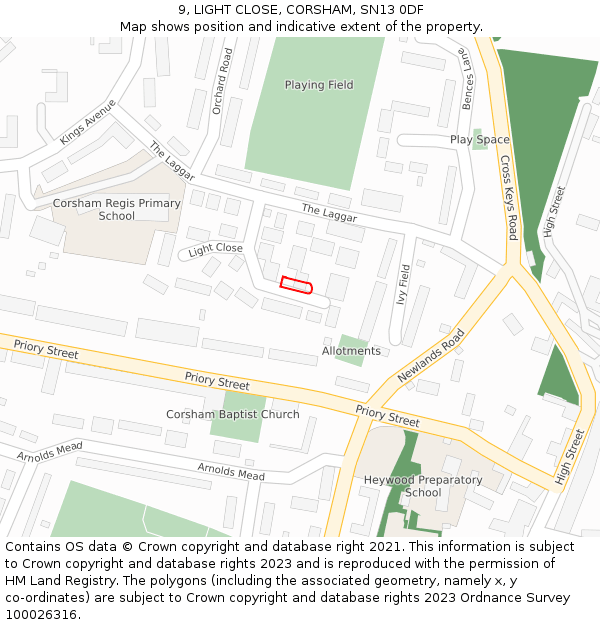 9, LIGHT CLOSE, CORSHAM, SN13 0DF: Location map and indicative extent of plot