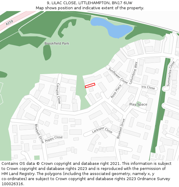 9, LILAC CLOSE, LITTLEHAMPTON, BN17 6UW: Location map and indicative extent of plot